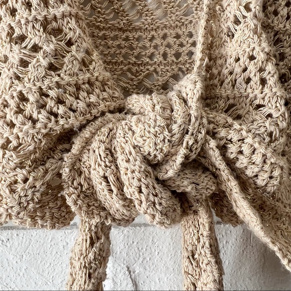 SOLD Vintage beige metallic gold crochet tie front bell sleeve sweater 12 - Picture 8 of 12